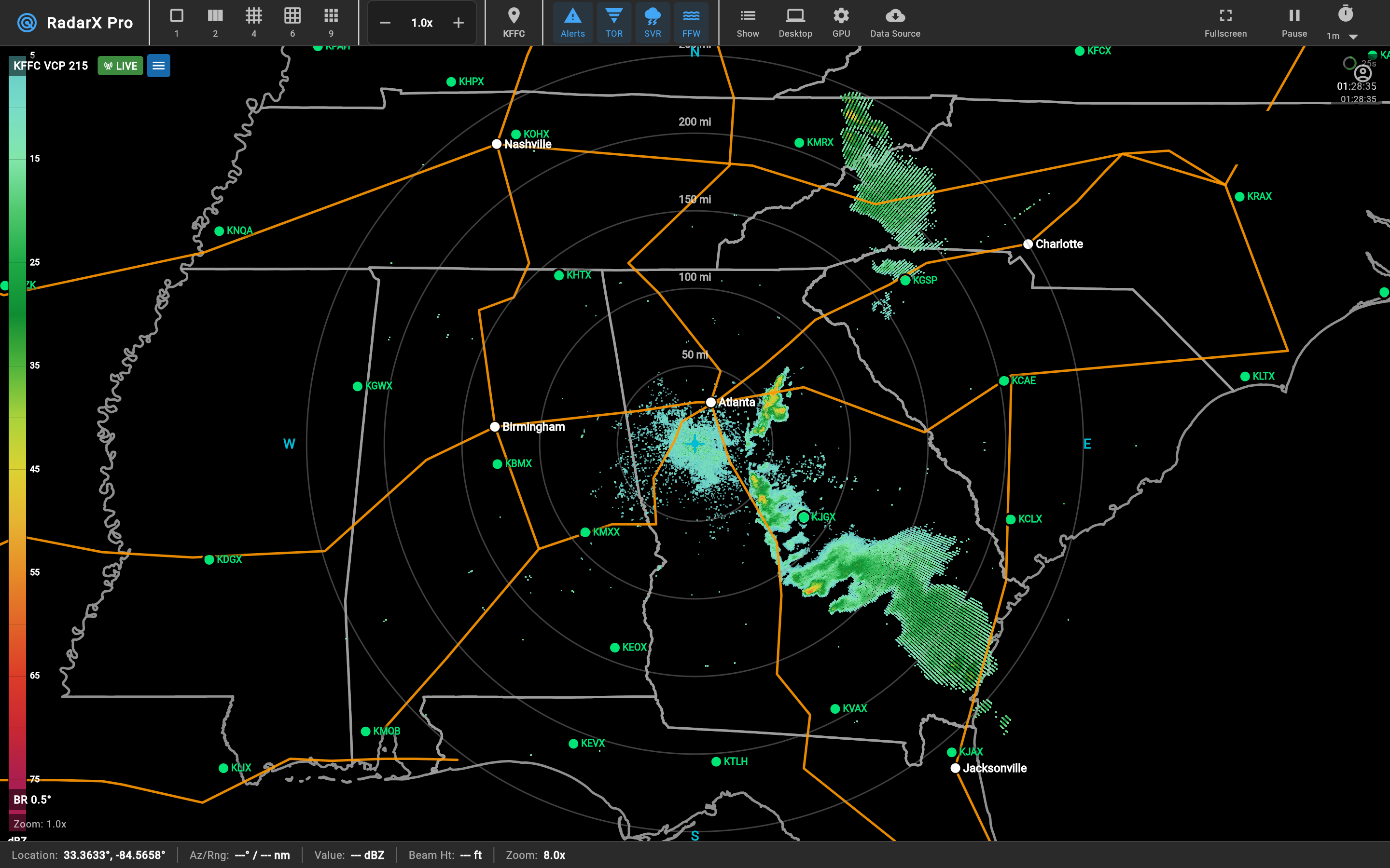 RadarX Pro desktop view over the southeast US