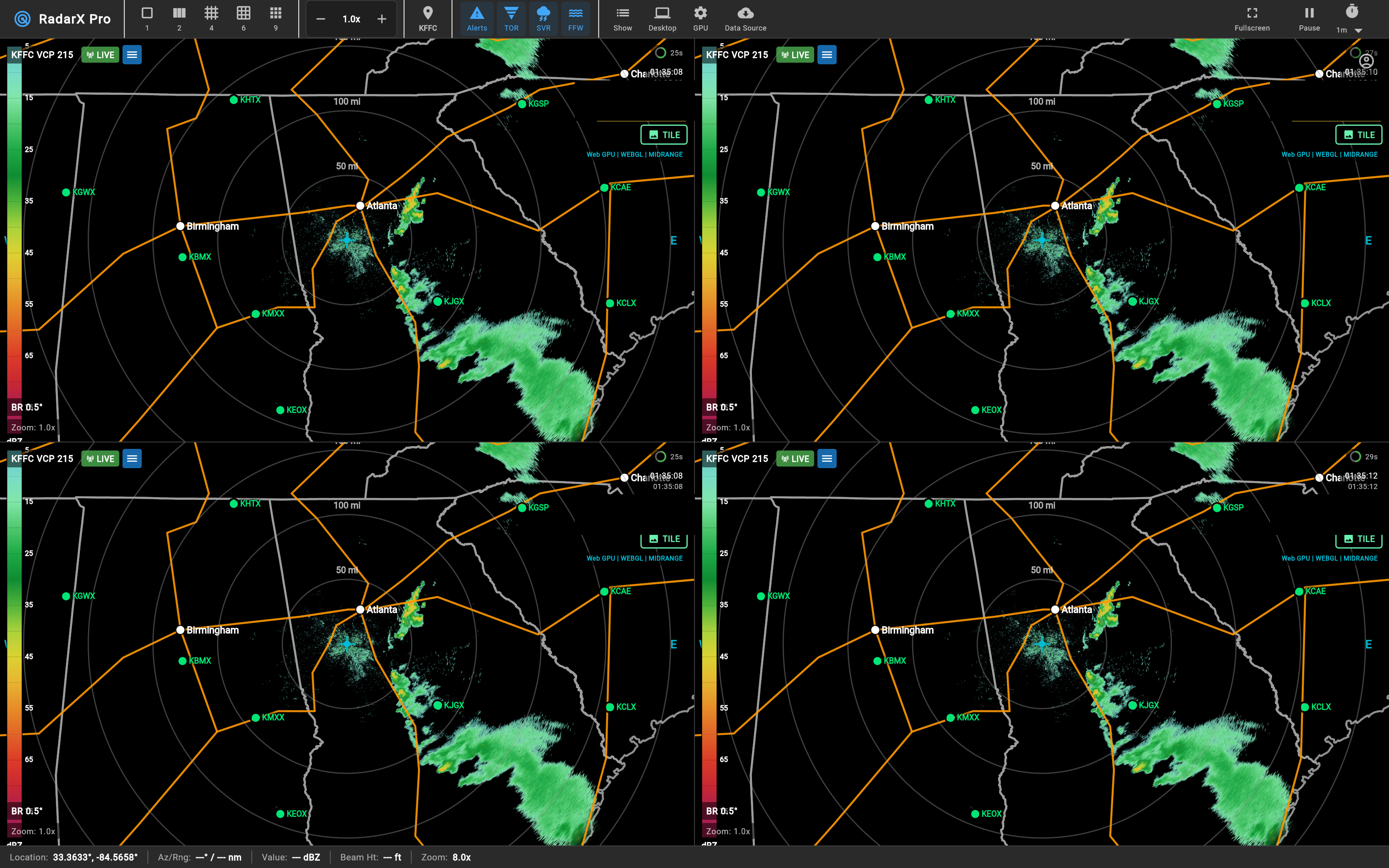 RadarX Pro multi-panel radar layout showing several products at once