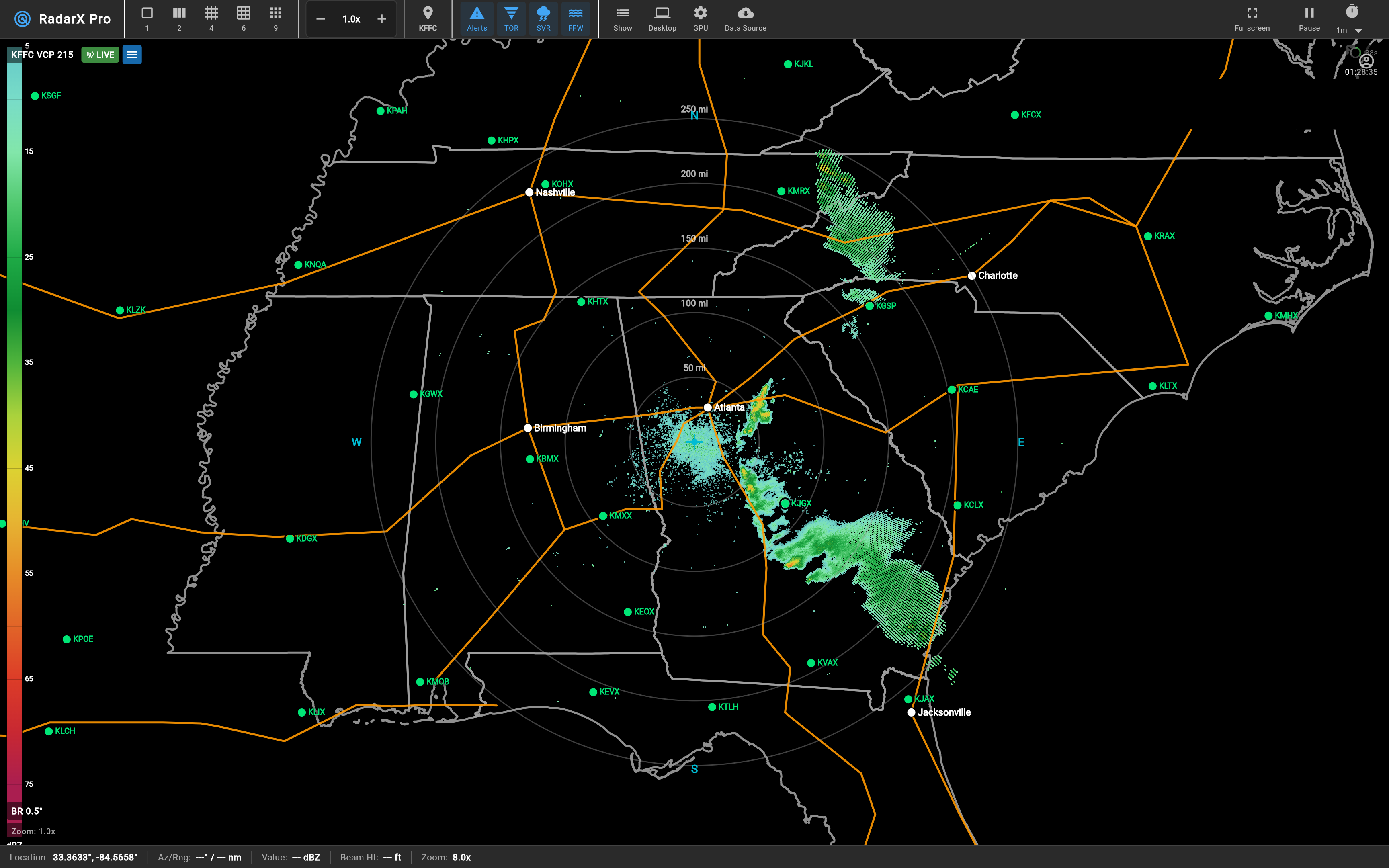 RadarX Pro showing live NEXRAD reflectivity over Atlanta, Georgia