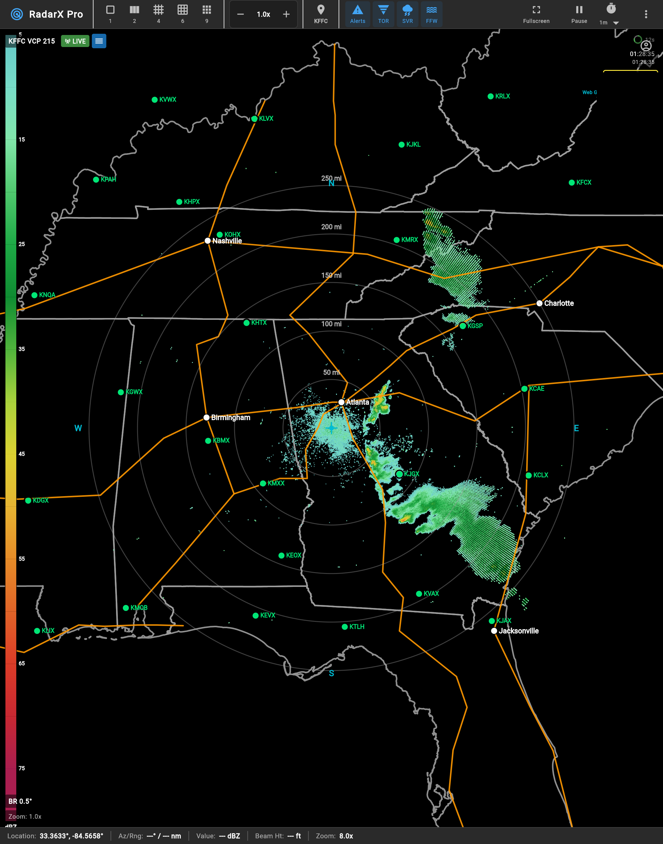 RadarX Pro tall layout showing Atlanta storms